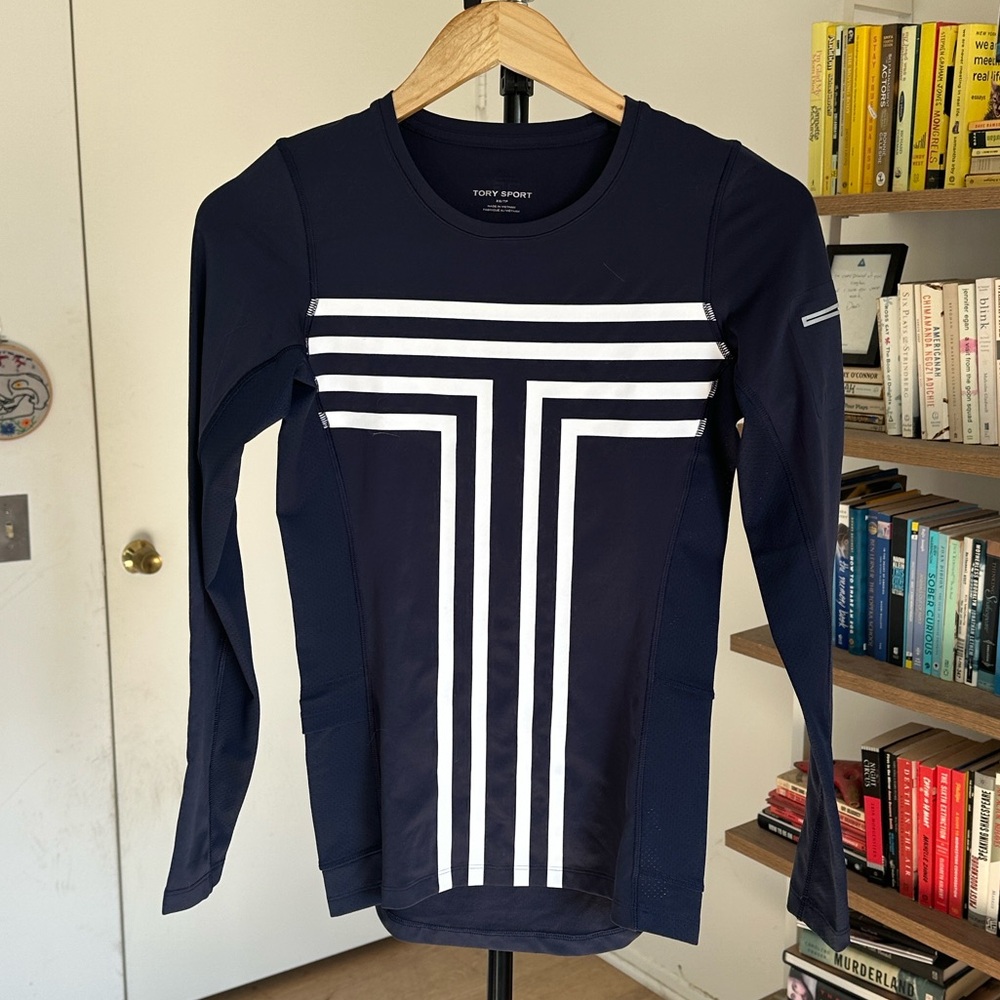 Tory Sport Navy Long-Sleeve Tee with White Stripe T Design